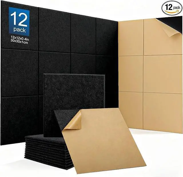Main image of 12Pack Acoustic Wall Panels Panels High Density Sound Dampening Panels 0.4" x 12" x 12" Square Acoustic Panels for Home Office Recoding Studio with self Adhesive Acoustic Panels.