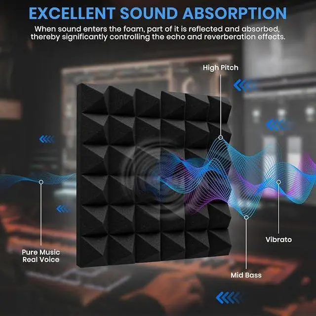 Alt view image 2 of 7 - 52 Pack Sound Proof Foam Panels for Walls, 12" X 12" X 2" Pyramid Acoustic Foam Panels, High Density Noise Reduction Soundproof Panels for Studio Game Room with 300PCS Double-Side Adhesive