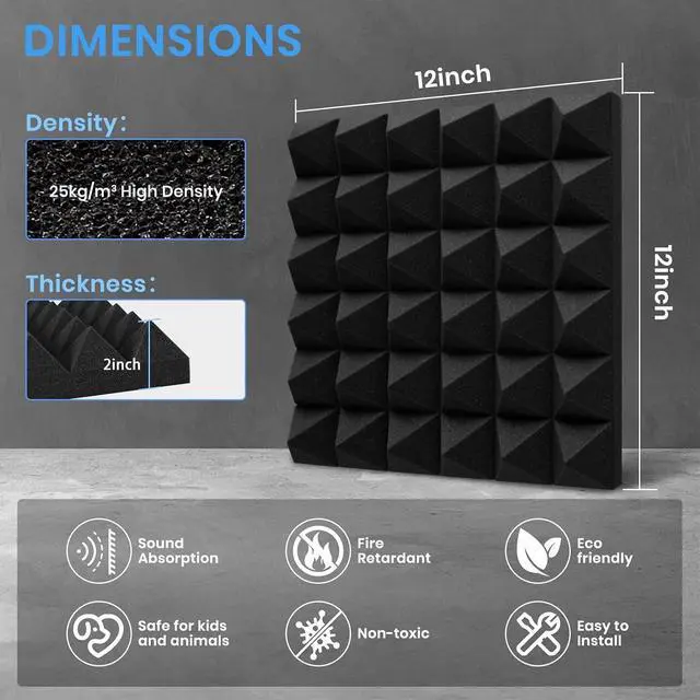 Alt view image 5 of 7 - 52 Pack Sound Proof Foam Panels for Walls, 12" X 12" X 2" Pyramid Acoustic Foam Panels, High Density Noise Reduction Soundproof Panels for Studio Game Room with 300PCS Double-Side Adhesive