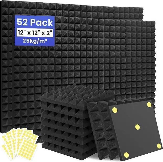 Main image of 52 Pack Sound Proof Foam Panels for Walls, 12" X 12" X 2" Pyramid Acoustic Foam Panels, High Density Noise Reduction Soundproof Panels for Studio Game Room with 300PCS Double-Side Adhesive