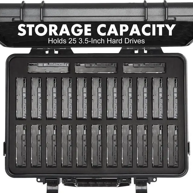Alt view image 2 of 7 - Hard Drive Case Fits 25-Bay Protection 3.5" HDD | High-Density Protective Foam | External Hard Drive Organizer Storage Box Travel Carrying Suitcase with Handle