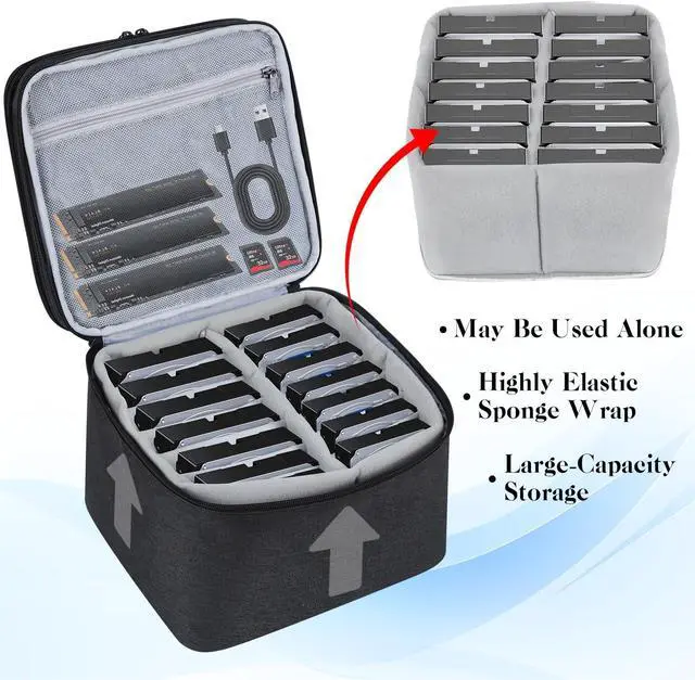Alt view image 5 of 7 - Hard Drive Case,14 -Bay Protective Storage Bag for 3.5" HDD, Large Capacity Storage Box with Lock,Portable External Hard Drive Carrying Case,Movable Grid and Shockproof(Bag only)