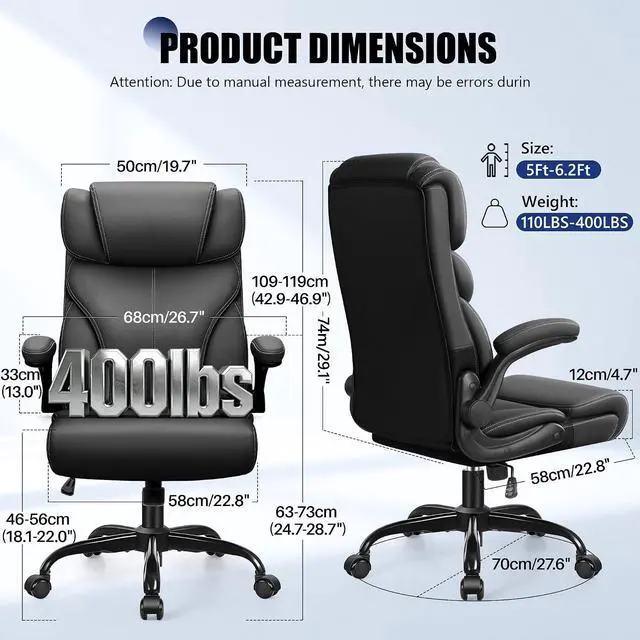 Alt view image 3 of 7 - Office Chair, High Back Desk Chair with Flip-up Armrests, Big and tall ergonomic leather executive computer & gaming chair with comfy padded, rocking function and lumbar support, Black