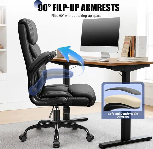 Alt view image 4 of 7 - Office Chair, High Back Desk Chair with Flip-up Armrests, Big and tall ergonomic leather executive computer & gaming chair with comfy padded, rocking function and lumbar support, Black