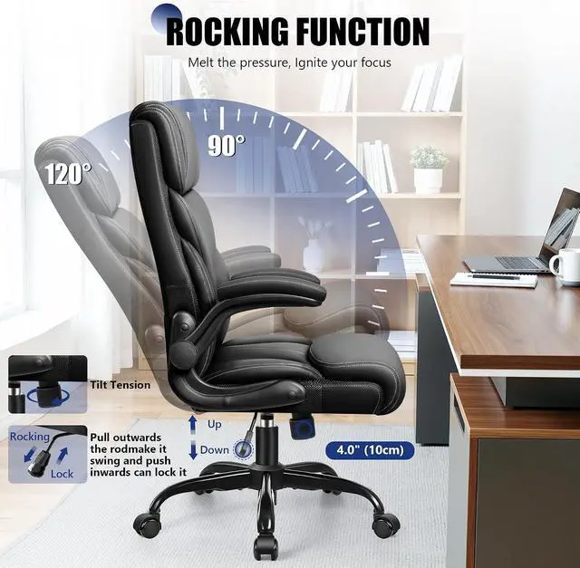 Alt view image 6 of 7 - Office Chair, High Back Desk Chair with Flip-up Armrests, Big and tall ergonomic leather executive computer & gaming chair with comfy padded, rocking function and lumbar support, Black