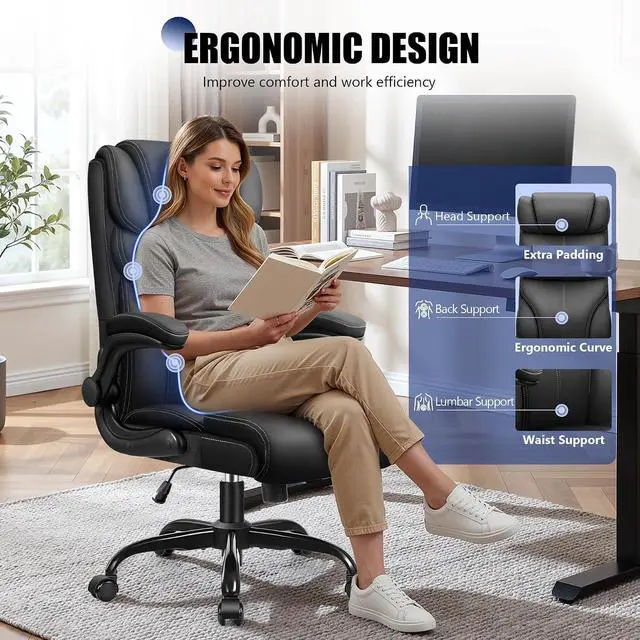 Alt view image 7 of 7 - Office Chair, High Back Desk Chair with Flip-up Armrests, Big and tall ergonomic leather executive computer & gaming chair with comfy padded, rocking function and lumbar support, Black