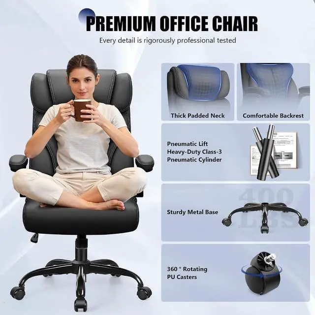 Alt view image 5 of 7 - Office Chair, High Back Desk Chair with Flip-up Armrests, Big and tall ergonomic leather executive computer & gaming chair with comfy padded, rocking function and lumbar support, Black