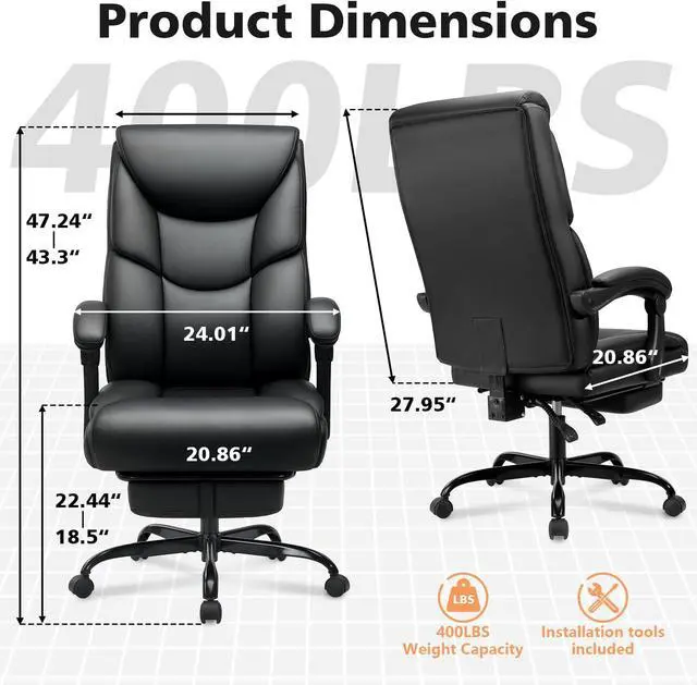 Alt view image 5 of 7 - 400lbs Office Chair with Foot Rest, Reclining Big and Tall Office Chair with Lumbar Support Spring Cushion, High Back PU Leather Computer Chair,Comfy Desk Chair for Home Office