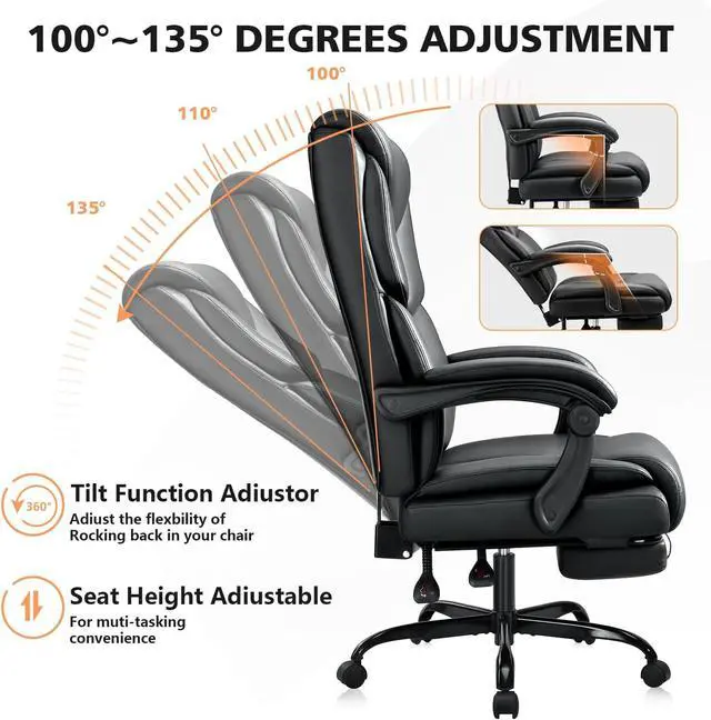Alt view image 7 of 7 - 400lbs Office Chair with Foot Rest, Reclining Big and Tall Office Chair with Lumbar Support Spring Cushion, High Back PU Leather Computer Chair,Comfy Desk Chair for Home Office