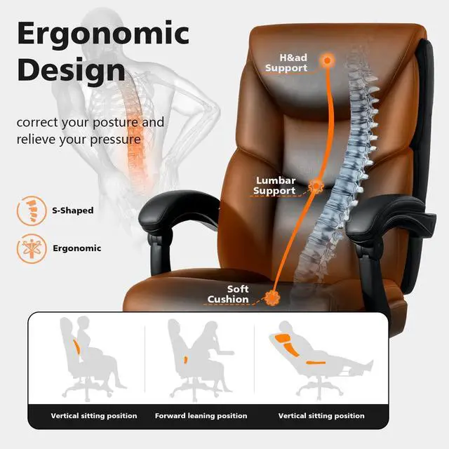 Alt view image 4 of 7 - 400lbs Office Chair with Foot Rest, Reclining Big and Tall Office Chair with Lumbar Support Spring Cushion, High Back PU Leather Computer Chair,Comfy Desk Chair for Home Office