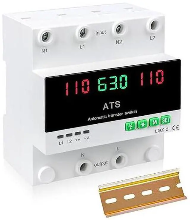 Main image of 63A 110V Automatic/Manual Transfer Switch, DIN Rail Mount 110V for Generator Backup Power & Gas Furnace, 50/60Hz, LED Display, CE Certified