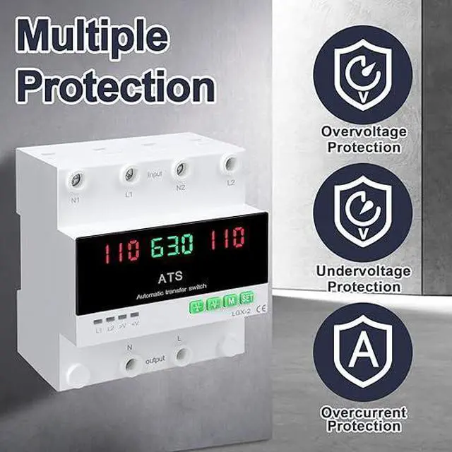 Alt view image 5 of 6 - 63A 110V Automatic/Manual Transfer Switch, DIN Rail Mount 110V for Generator Backup Power & Gas Furnace, 50/60Hz, LED Display, CE Certified