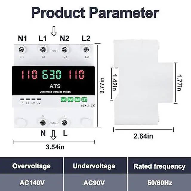 Alt view image 4 of 6 - 63A 110V Automatic/Manual Transfer Switch, DIN Rail Mount 110V for Generator Backup Power & Gas Furnace, 50/60Hz, LED Display, CE Certified