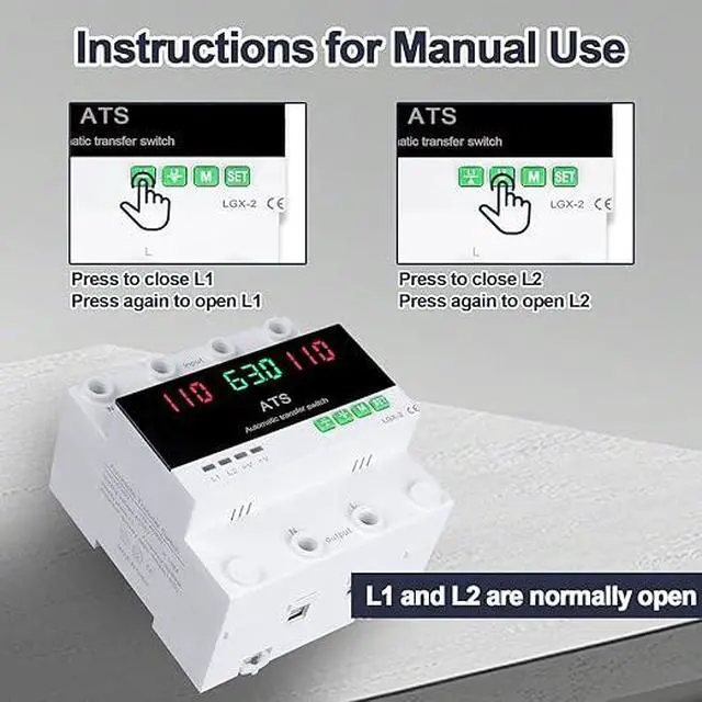 Alt view image 6 of 6 - 63A 110V Automatic/Manual Transfer Switch, DIN Rail Mount 110V for Generator Backup Power & Gas Furnace, 50/60Hz, LED Display, CE Certified