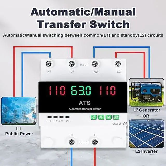 Alt view image 2 of 6 - 63A 110V Automatic/Manual Transfer Switch, DIN Rail Mount 110V for Generator Backup Power & Gas Furnace, 50/60Hz, LED Display, CE Certified