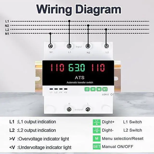 Alt view image 3 of 6 - 63A 110V Automatic/Manual Transfer Switch, DIN Rail Mount 110V for Generator Backup Power & Gas Furnace, 50/60Hz, LED Display, CE Certified