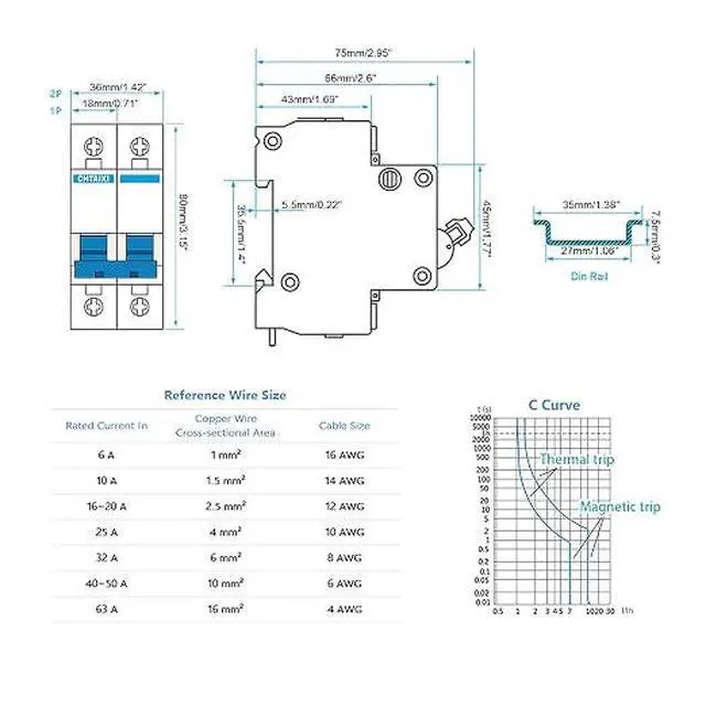 Alt view image 7 of 7 - DC Miniature Circuit Breaker, 2 Pole 1000V 63 Amp
DIN Rail Mount Isolator for Solar PV System, Thermal Magnetic Trip DC Disconnect Switch C63