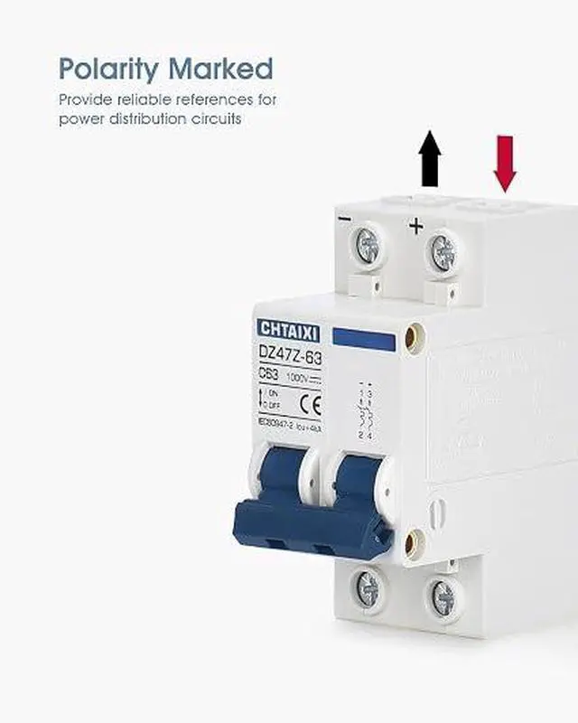 Alt view image 5 of 7 - DC Miniature Circuit Breaker, 2 Pole 1000V 63 Amp
DIN Rail Mount Isolator for Solar PV System, Thermal Magnetic Trip DC Disconnect Switch C63