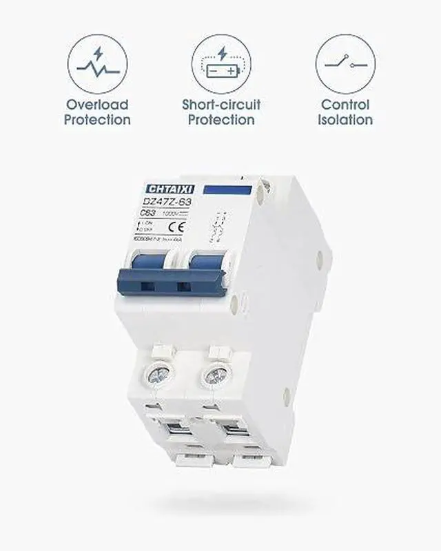 Alt view image 3 of 7 - DC Miniature Circuit Breaker, 2 Pole 1000V 63 Amp
DIN Rail Mount Isolator for Solar PV System, Thermal Magnetic Trip DC Disconnect Switch C63