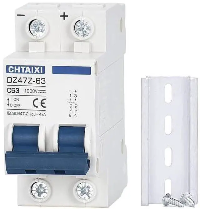 Main image of DC Miniature Circuit Breaker, 2 Pole 1000V 63 Amp
DIN Rail Mount Isolator for Solar PV System, Thermal Magnetic Trip DC Disconnect Switch C63