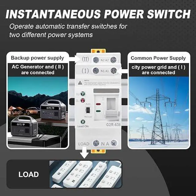 Alt view image 4 of 7 - 63Amp 110V AC Mini ATS Automatic/Manual Transfer Switch, 2Pole G2R Solar Auto Dual Power Changeover Switch for Home, Din Rail Mounted 50/60Hz CE Certified for Rv, Lv, Cn Public/Backup Power