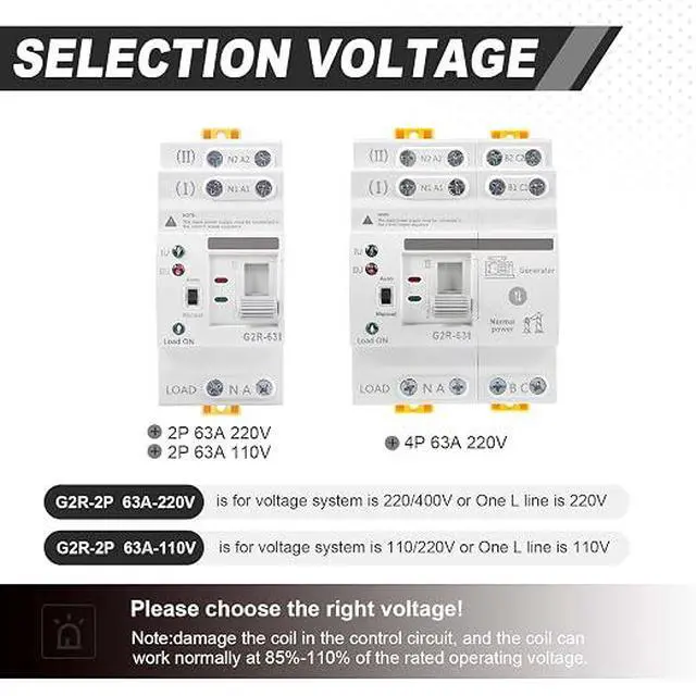 Alt view image 2 of 7 - 63Amp 110V AC Mini ATS Automatic/Manual Transfer Switch, 2Pole G2R Solar Auto Dual Power Changeover Switch for Home, Din Rail Mounted 50/60Hz CE Certified for Rv, Lv, Cn Public/Backup Power