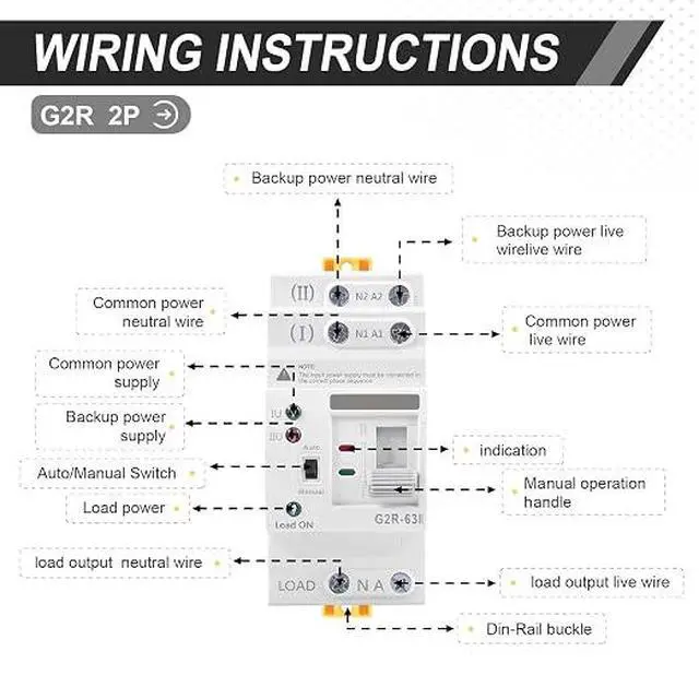 Alt view image 5 of 7 - 63Amp 110V AC Mini ATS Automatic/Manual Transfer Switch, 2Pole G2R Solar Auto Dual Power Changeover Switch for Home, Din Rail Mounted 50/60Hz CE Certified for Rv, Lv, Cn Public/Backup Power