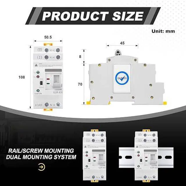 Alt view image 3 of 7 - 63Amp 110V AC Mini ATS Automatic/Manual Transfer Switch, 2Pole G2R Solar Auto Dual Power Changeover Switch for Home, Din Rail Mounted 50/60Hz CE Certified for Rv, Lv, Cn Public/Backup Power