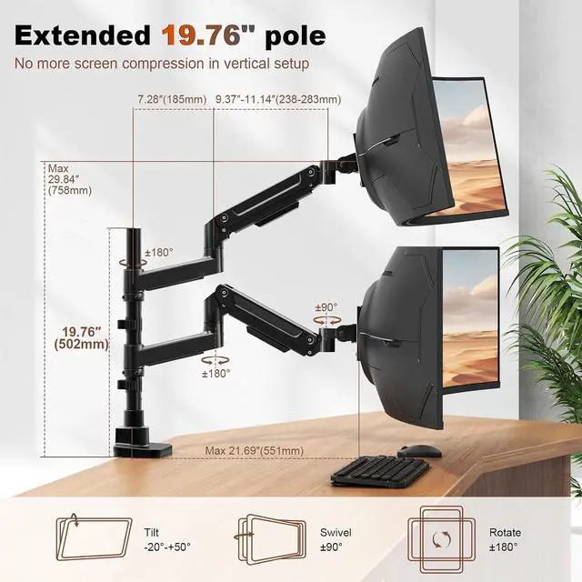 Alt view image 7 of 7 - Heavy Duty Dual Monitor Arm for 17-49" Screens, Vertical Stack, 44lbs, 19.69'' Overall Height, Flexible Screen Layouts, Pro Gas Spring, VESA 75/100, Full-Motion Adjustment, Easy Cable Management