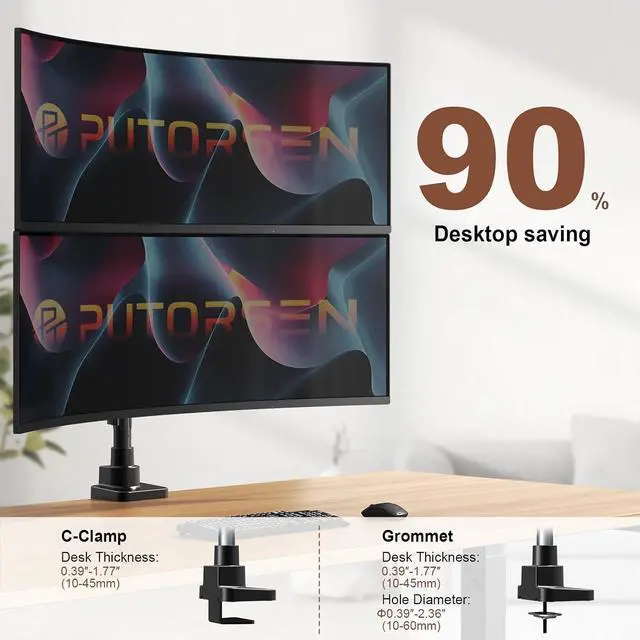 Alt view image 5 of 7 - Heavy Duty Dual Monitor Arm for 17-49" Screens, Vertical Stack, 44lbs, 19.69'' Overall Height, Flexible Screen Layouts, Pro Gas Spring, VESA 75/100, Full-Motion Adjustment, Easy Cable Management