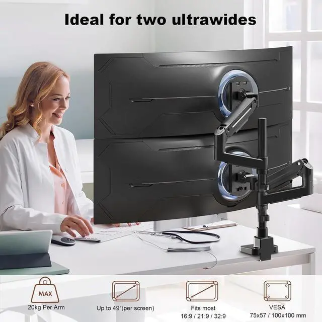 Alt view image 6 of 7 - Heavy Duty Dual Monitor Arm for 17-49" Screens, Vertical Stack, 44lbs, 19.69'' Overall Height, Flexible Screen Layouts, Pro Gas Spring, VESA 75/100, Full-Motion Adjustment, Easy Cable Management