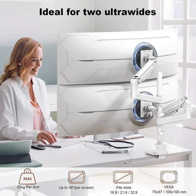 Alt view image 2 of 7 - Heavy Duty Dual Monitor Arm for 17-49" Screens, Vertical Stack, 44lbs Pro Gas Spring, 19.69'' Overall Height, Flexible Screen Layouts, Full-Motion Adjustment, Easy Cable Management, VESA 75/100