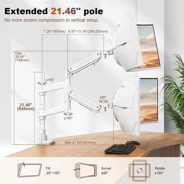Alt view image 7 of 7 - Heavy Duty Dual Monitor Arm for 17-49" Screens, Vertical Stack, 44lbs Pro Gas Spring, 19.69'' Overall Height, Flexible Screen Layouts, Full-Motion Adjustment, Easy Cable Management, VESA 75/100