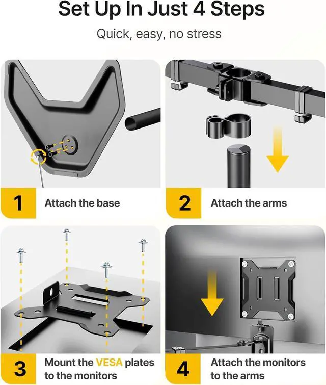 Alt view image 3 of 7 - Freestanding Quad Monitor Stand for Four 17-32" Screens, 22 lbs Each, Solid V-shaped base, four-screen full-motion arms, height adjustment, tilt, swivel, rotation and VESA 75/100