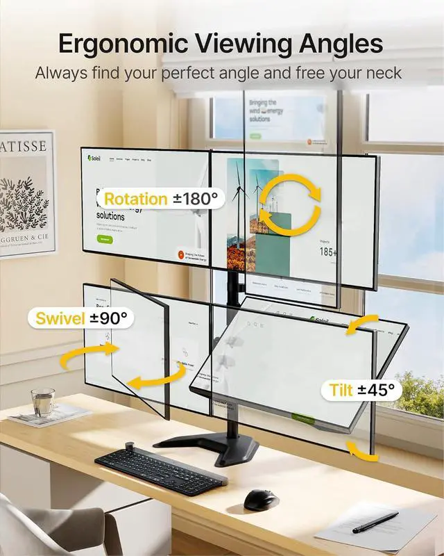 Alt view image 6 of 7 - Freestanding Quad Monitor Stand for Four 17-32" Screens, 22 lbs Each, Solid V-shaped base, four-screen full-motion arms, height adjustment, tilt, swivel, rotation and VESA 75/100