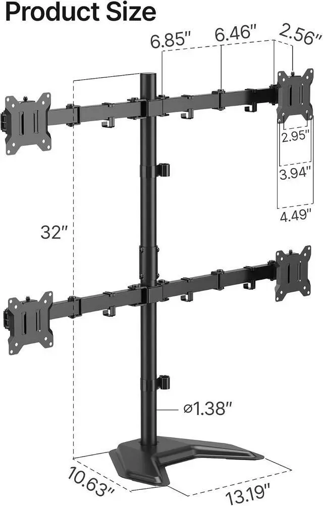 Alt view image 2 of 7 - Freestanding Quad Monitor Stand for Four 17-32" Screens, 22 lbs Each, Solid V-shaped base, four-screen full-motion arms, height adjustment, tilt, swivel, rotation and VESA 75/100