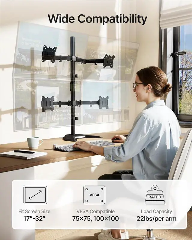 Alt view image 7 of 7 - Freestanding Quad Monitor Stand for Four 17-32" Screens, 22 lbs Each, Solid V-shaped base, four-screen full-motion arms, height adjustment, tilt, swivel, rotation and VESA 75/100