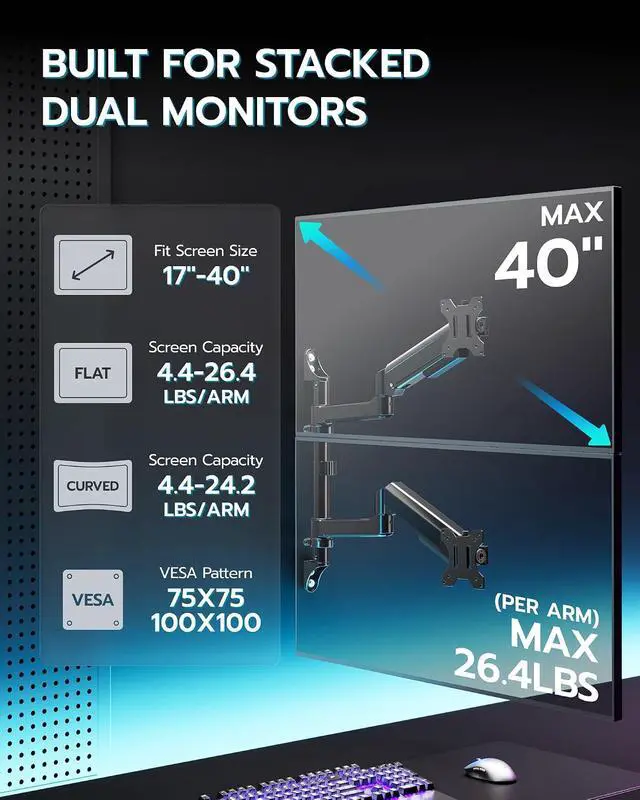 Alt view image 3 of 7 - 17-40 Inch Ultrawide Vertical Dual Monitor Wall Mount, Heavy Duty Monitor Arm Up to 26.4 lbs, Fully Adjustable Wall Mount, VESA 75x75/100x100 Compatible Black