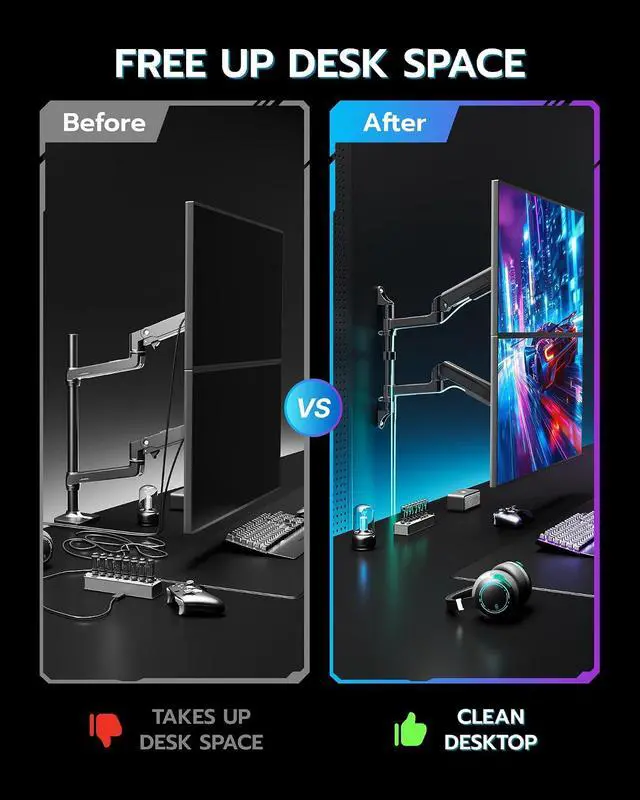 Alt view image 4 of 7 - 17-40 Inch Ultrawide Vertical Dual Monitor Wall Mount, Heavy Duty Monitor Arm Up to 26.4 lbs, Fully Adjustable Wall Mount, VESA 75x75/100x100 Compatible Black