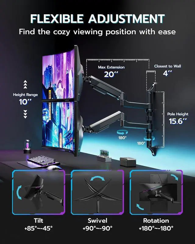 Alt view image 5 of 7 - 17-40 Inch Ultrawide Vertical Dual Monitor Wall Mount, Heavy Duty Monitor Arm Up to 26.4 lbs, Fully Adjustable Wall Mount, VESA 75x75/100x100 Compatible Black