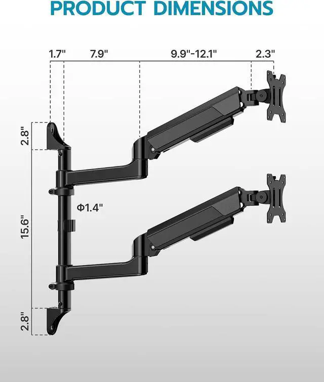 Alt view image 2 of 7 - 17-40 Inch Ultrawide Vertical Dual Monitor Wall Mount, Heavy Duty Monitor Arm Up to 26.4 lbs, Fully Adjustable Wall Mount, VESA 75x75/100x100 Compatible Black