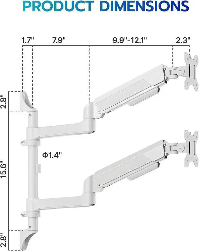 Alt view image 2 of 7 - 17-40 Inch Ultrawide Vertical Dual Monitor Wall Mount, Heavy Duty Monitor Arm Up to 26.4 lbs, Fully Adjustable Wall Mount, VESA 75x75/100x100 Compatible White