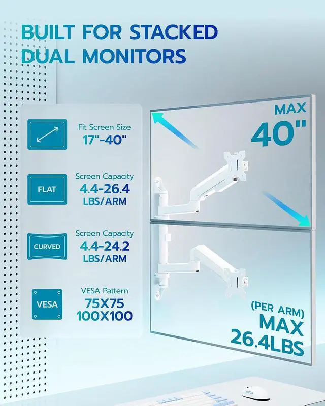 Alt view image 6 of 7 - 17-40 Inch Ultrawide Vertical Dual Monitor Wall Mount, Heavy Duty Monitor Arm Up to 26.4 lbs, Fully Adjustable Wall Mount, VESA 75x75/100x100 Compatible White