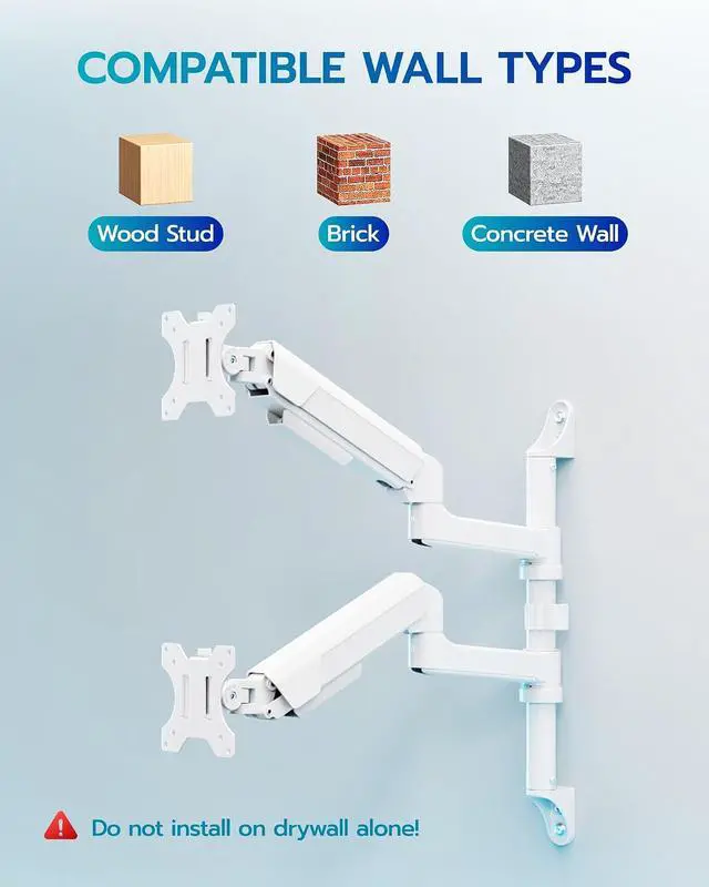 Alt view image 7 of 7 - 17-40 Inch Ultrawide Vertical Dual Monitor Wall Mount, Heavy Duty Monitor Arm Up to 26.4 lbs, Fully Adjustable Wall Mount, VESA 75x75/100x100 Compatible White