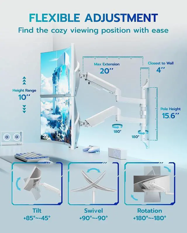 Alt view image 3 of 7 - 17-40 Inch Ultrawide Vertical Dual Monitor Wall Mount, Heavy Duty Monitor Arm Up to 26.4 lbs, Fully Adjustable Wall Mount, VESA 75x75/100x100 Compatible White