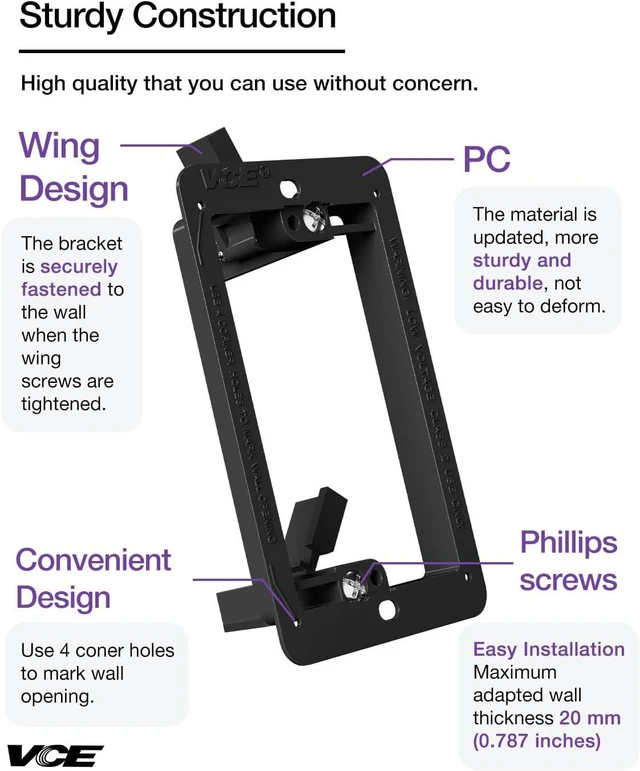 Alt view image 2 of 6 - Low Voltage Mounting Bracket, Flush Low Voltage Box, Black 5-Pack With Alignment Holes for Easy Installation, Flush Mount for Single Gang Wall Plate