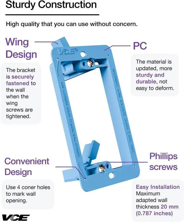 Alt view image 6 of 7 - Low Voltage Mounting Bracket, Flush Low Voltage Box, Blue 5-Pack With Alignment Holes for Easy Installation, Flush Mount for Single Gang Wall Plate