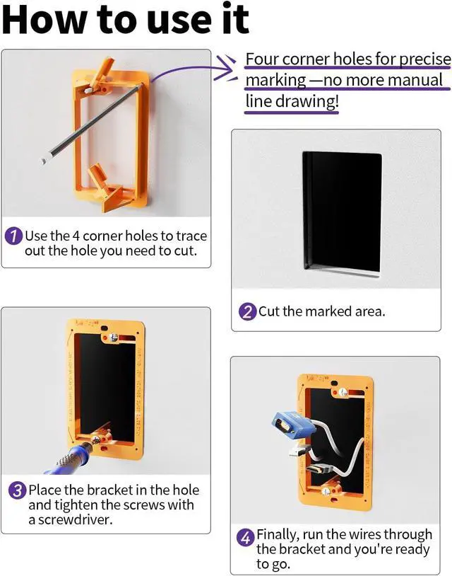 Alt view image 6 of 7 - Low Voltage Mounting Bracket, Flush Low Voltage Box, Orange 5-Pack With Alignment Holes for Easy Installation, Flush Mount for Single Gang Wall Plate