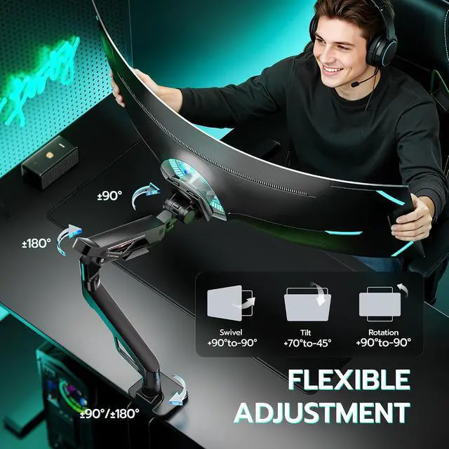 Alt view image 7 of 7 - Gas Spring Ultrawide Monitor Arm 57" 66Lbs USB VESA Dual Base Height Adjustable & Extendable, Built-in USB Port, Standard VESA, Clamp & Grommet Base, Fits Ultrawide Monitor