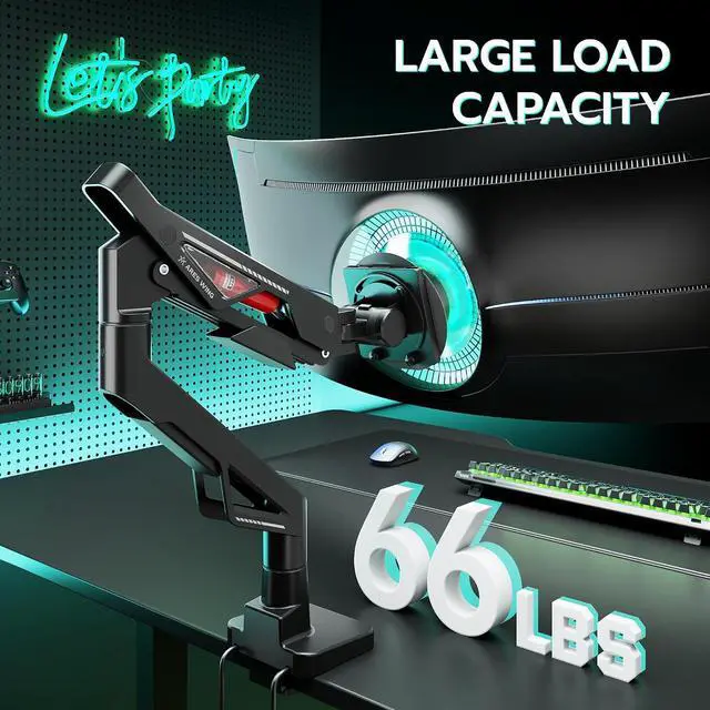 Alt view image 2 of 7 - Gas Spring Ultrawide Monitor Arm 57" 66Lbs USB VESA Dual Base Height Adjustable & Extendable, Built-in USB Port, Standard VESA, Clamp & Grommet Base, Fits Ultrawide Monitor